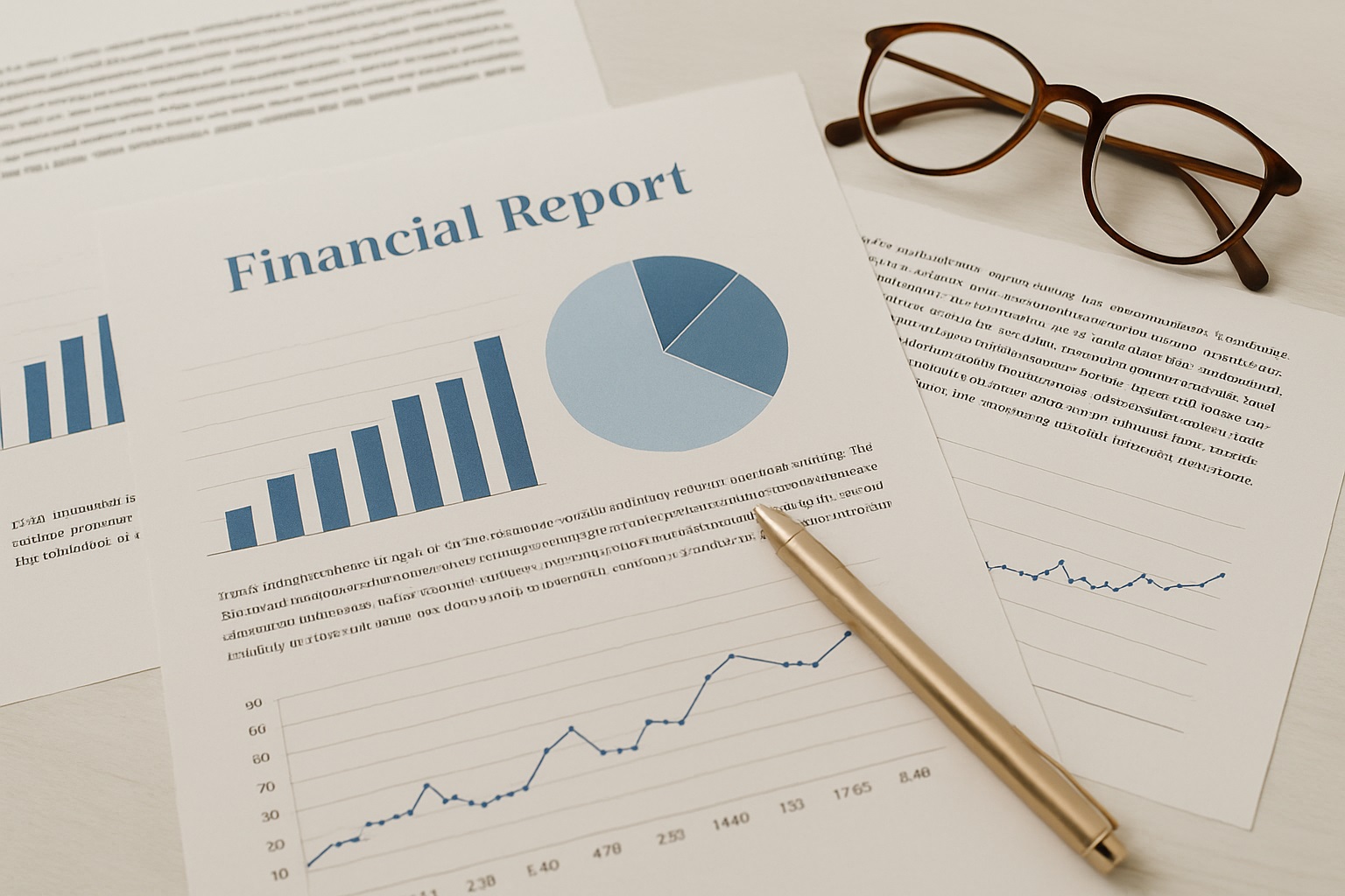 Reports and charts on a desk with glasses